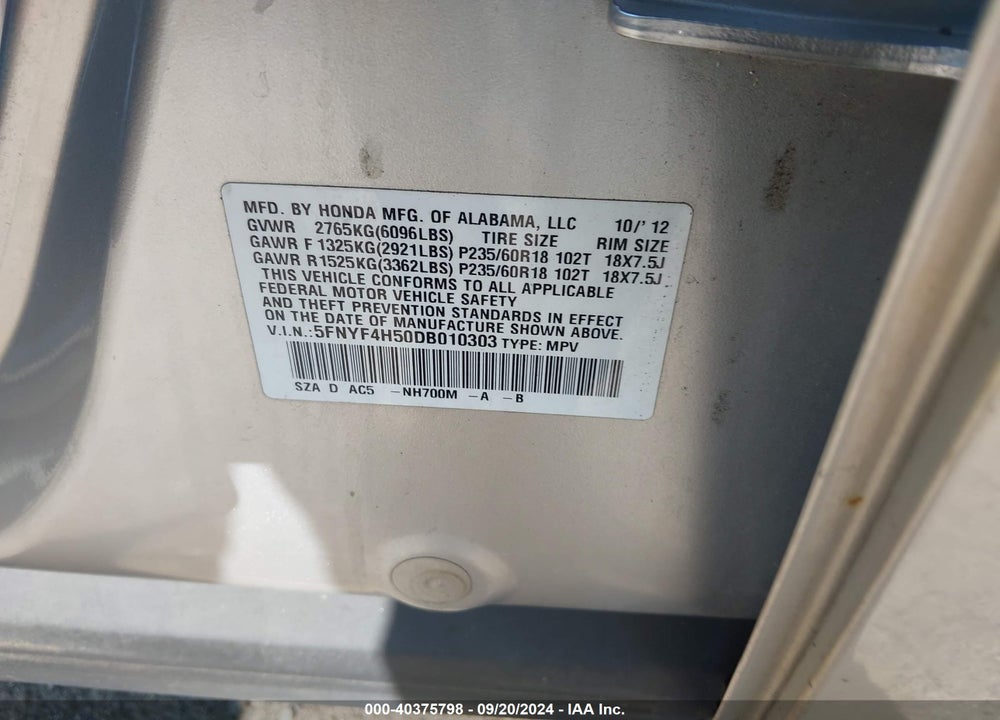 2013 HONDA PILOT VIN: 5FNYF4H50DB010303
