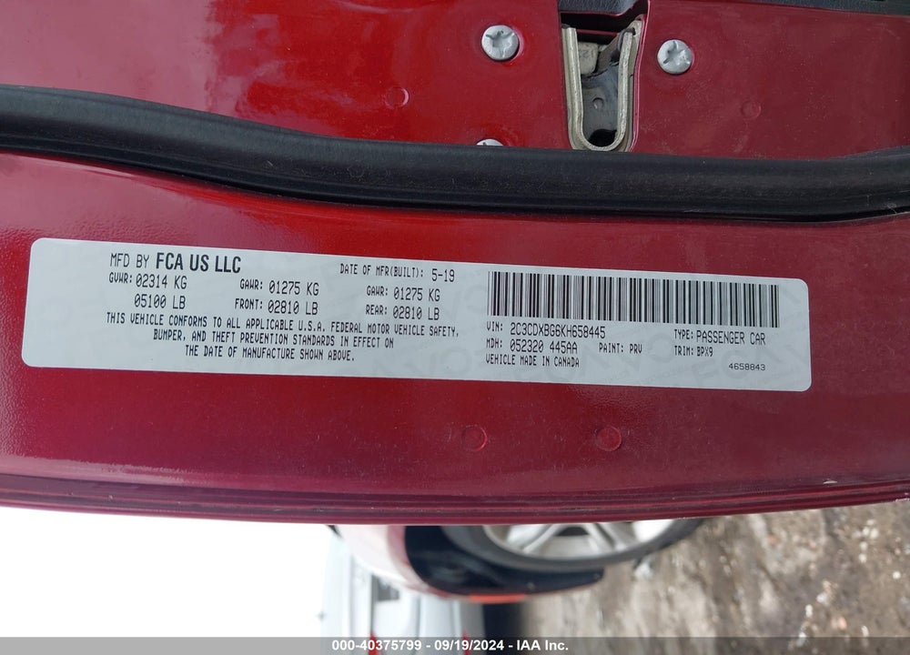 2019 DODGE CHARGER SXT RWD VIN: 2C3CDXBG6KH658445