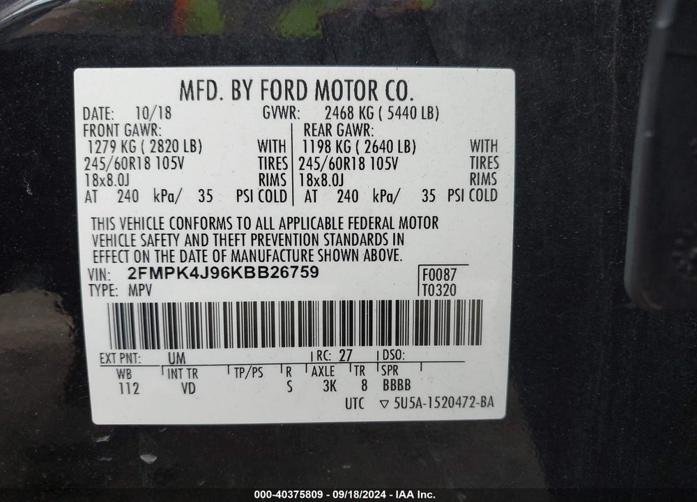 2019 FORD EDGE SEL VIN: 2FMPK4J96KBB26759