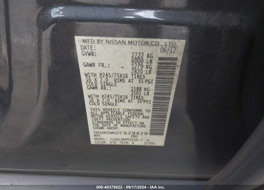 2012 NISSAN PATHFINDER S VIN: 5N1AR1NN1CC629429