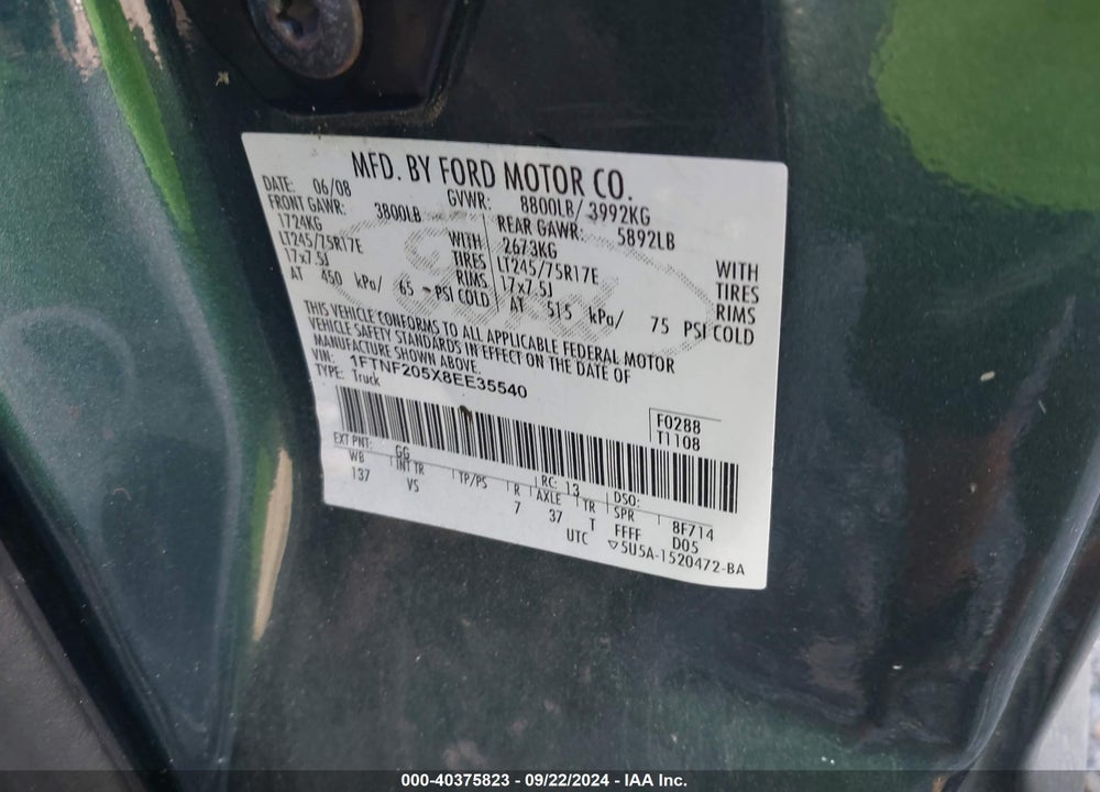 2008 FORD F-250 XL/XLT VIN: 1FTNF205X8EE35540