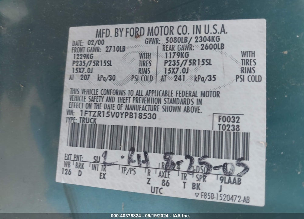 2000 FORD RANGER XL/XLT VIN: 1FTZR15V0YPB18530