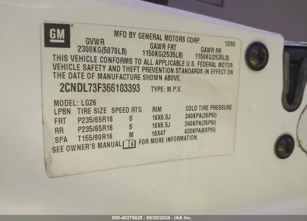2006 CHEVROLET EQUINOX LT VIN: 2CNDL73F366103393