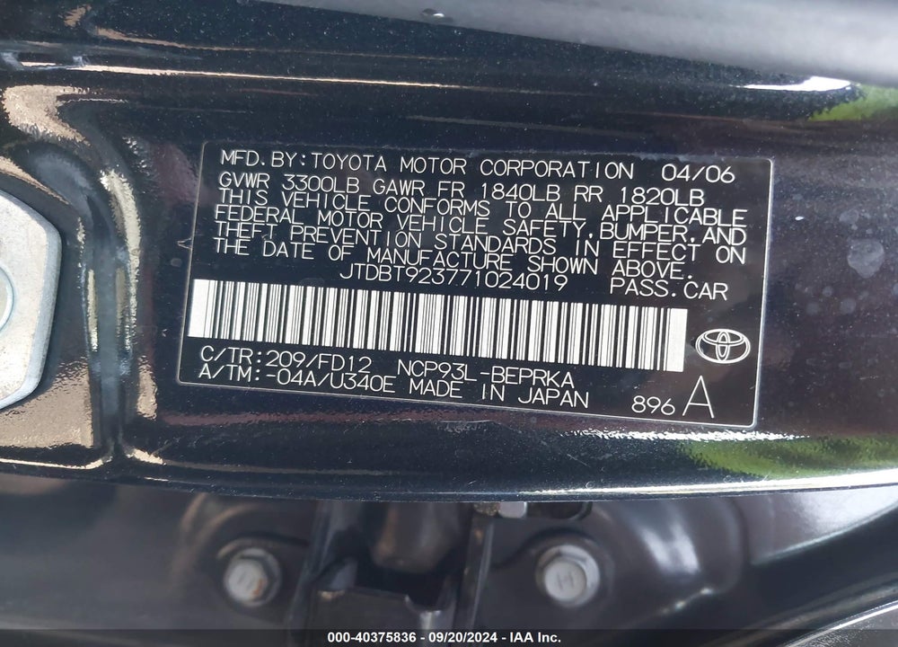 2007 TOYOTA YARIS S VIN: JTDBT923771024019