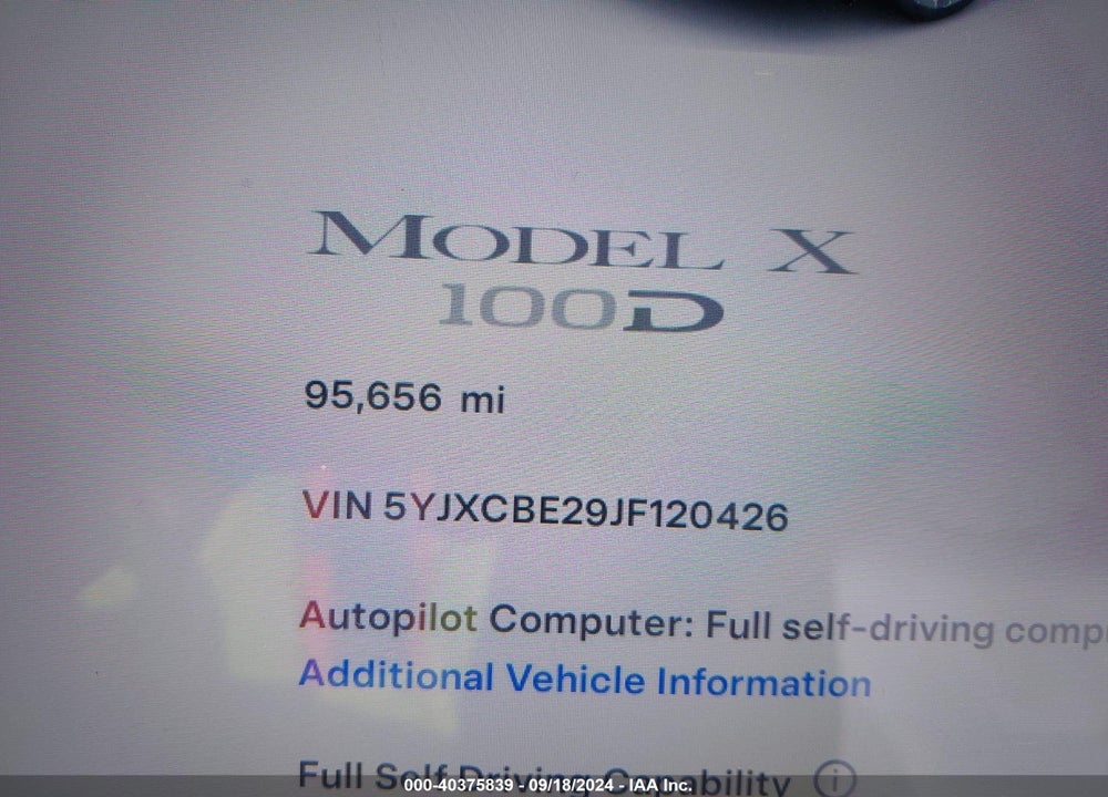 2018 TESLA MODEL X 100D/75D/P100D VIN: 5YJXCBE29JF120426