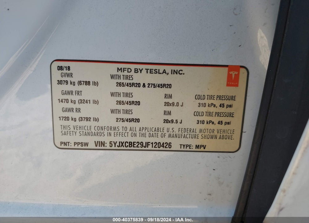 2018 TESLA MODEL X 100D/75D/P100D VIN: 5YJXCBE29JF120426