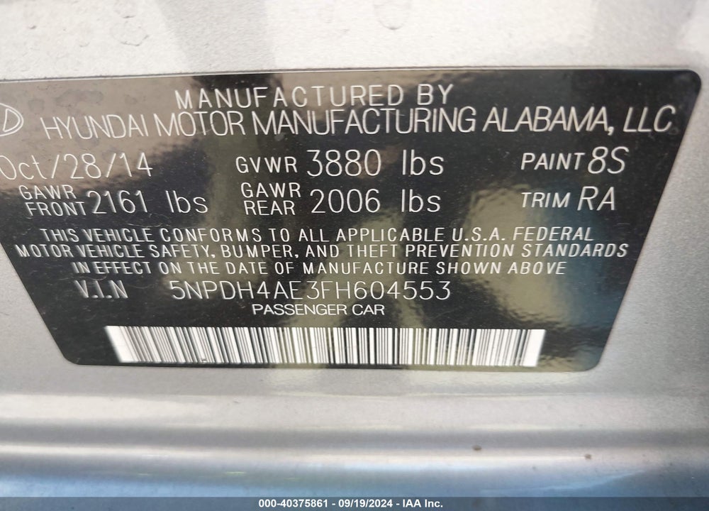 2015 HYUNDAI ELANTRA SE VIN: 5NPDH4AE3FH604553