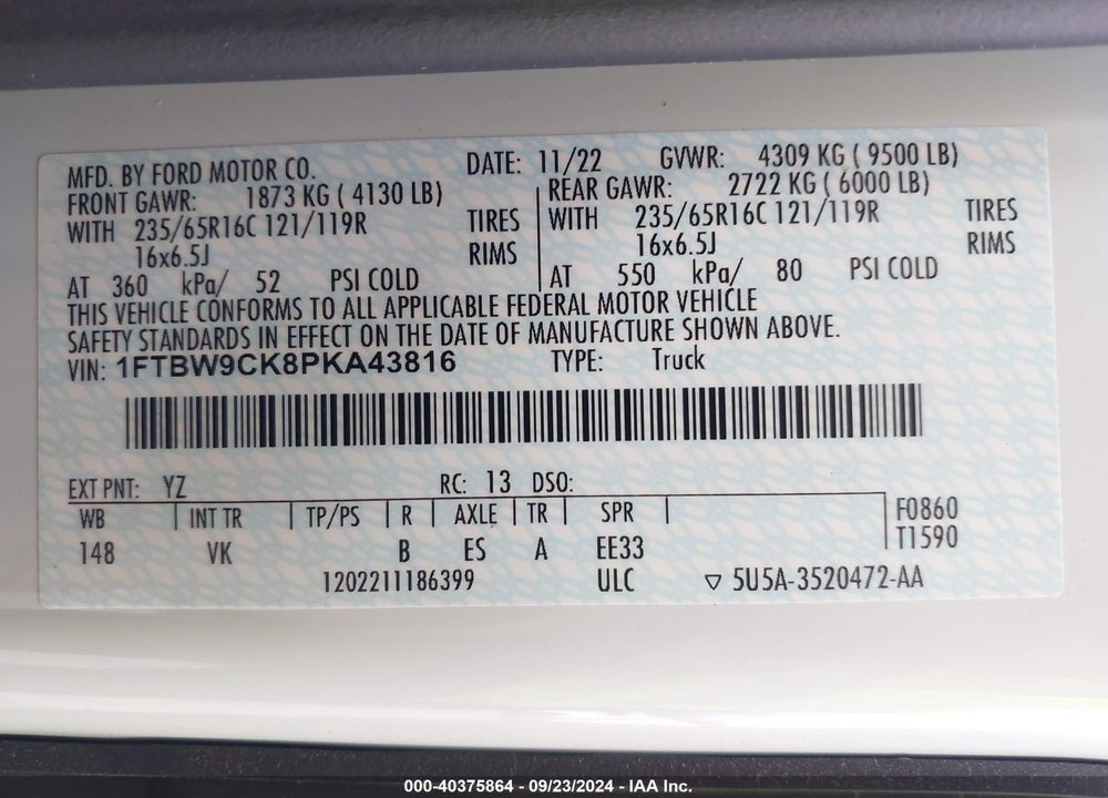 2023 FORD E-TRANSIT-350 VIN: 1FTBW9CK8PKA43816