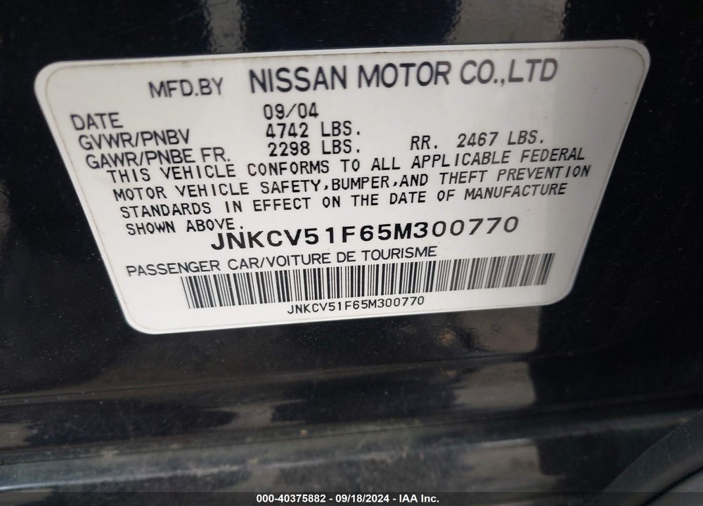 2005 INFINITI G35X VIN: JNKCV51F65M300770