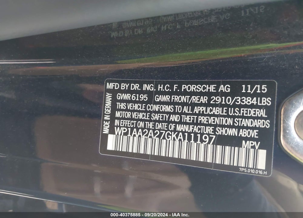 2016 PORSCHE CAYENNE VIN: WP1AA2A27GKA11197