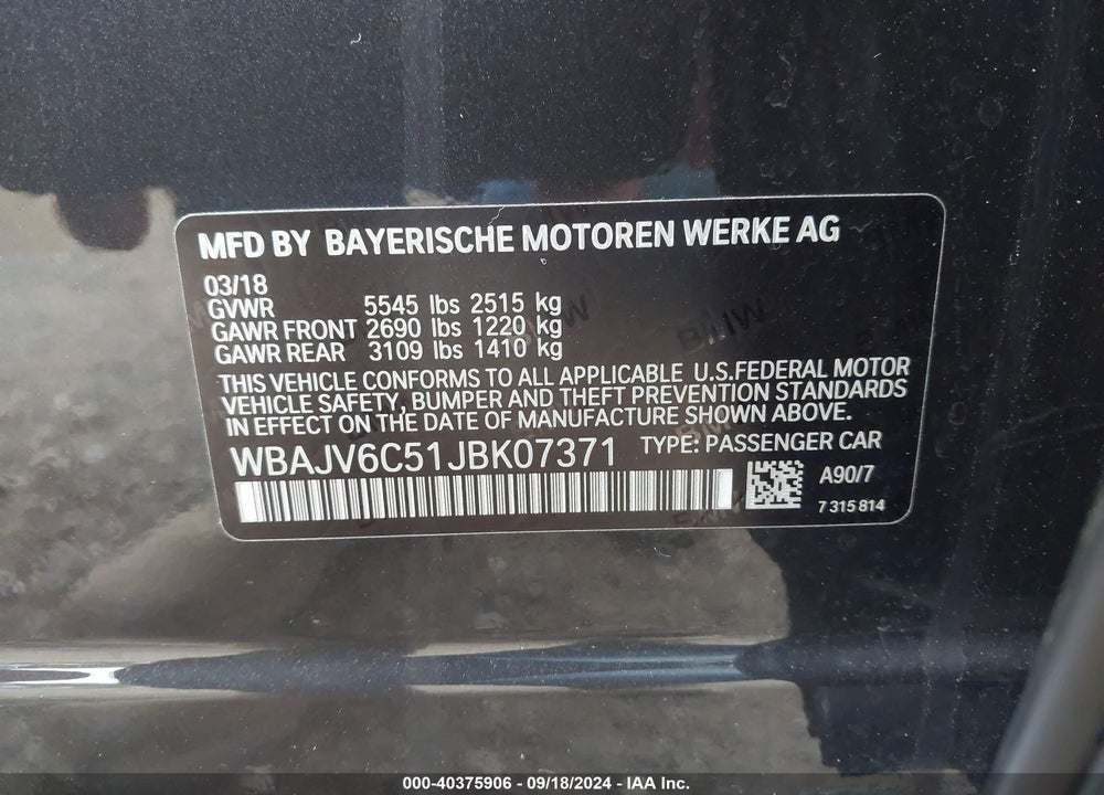 2018 BMW 640I GRAN TURISMO XDRIVE VIN: WBAJV6C51JBK07371