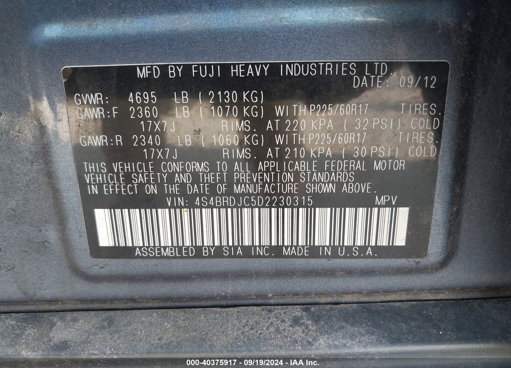 2013 SUBARU OUTBACK VIN: 4S4BRDJC5D2230315