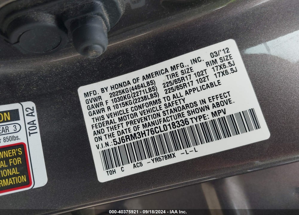 2012 HONDA CR-V EX-L VIN: 5J6RM3H76CL018336