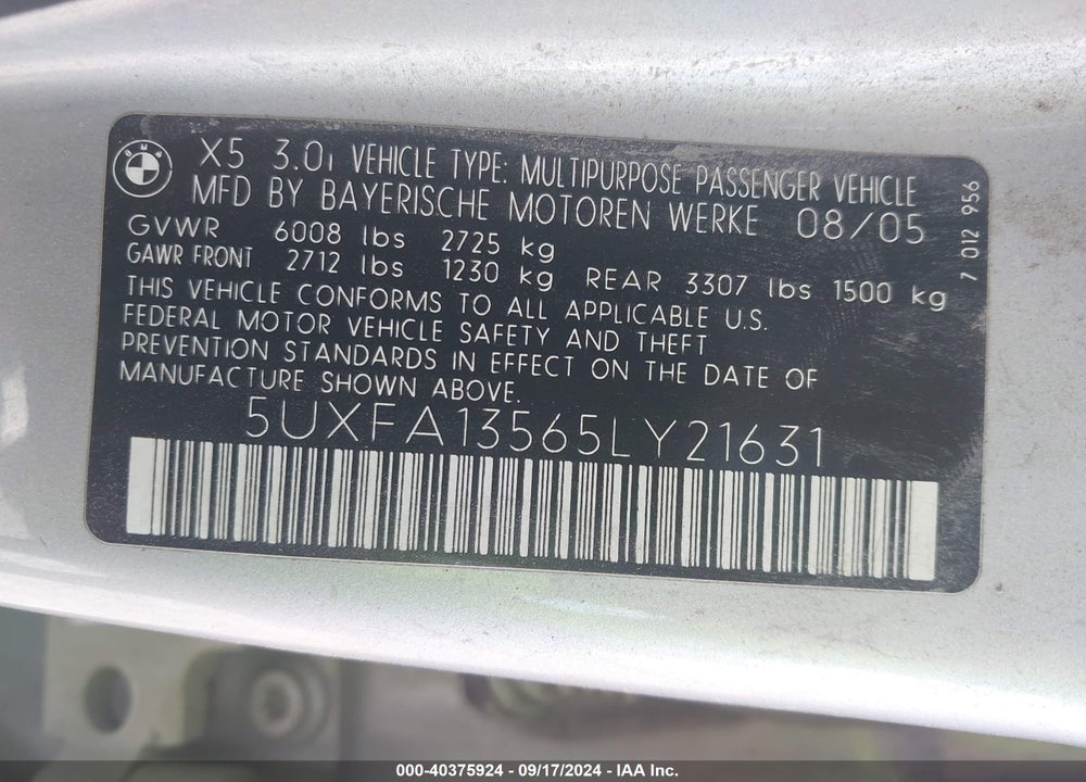2005 BMW X5 3.0I VIN: 5UXFA13565LY21631