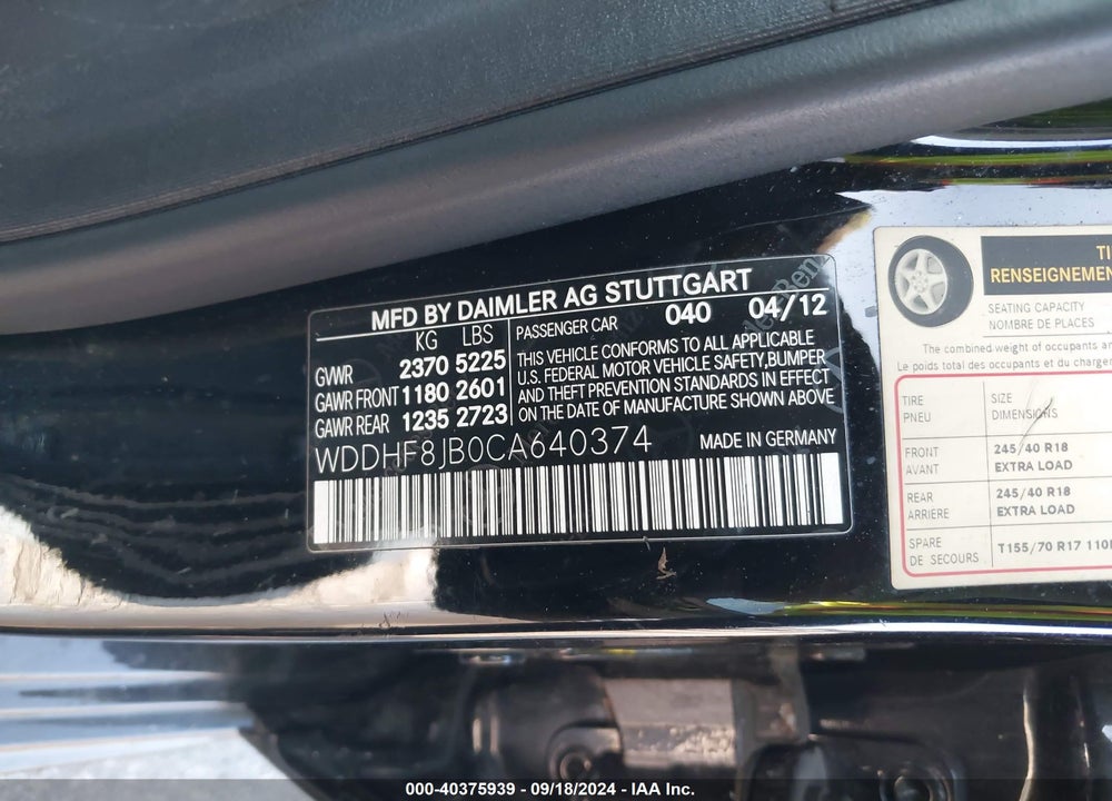 2012 MERCEDES-BENZ E 350 4MATIC VIN: WDDHF8JB0CA640374