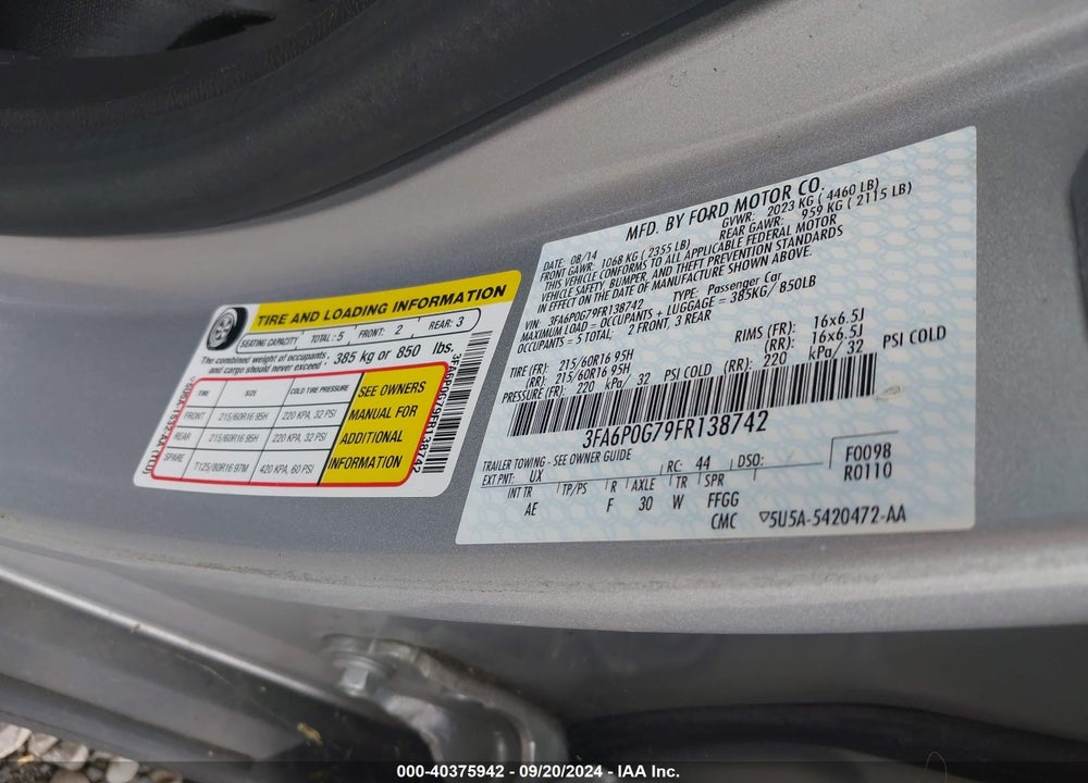 2015 FORD FUSION S VIN: 3FA6P0G79FR138742