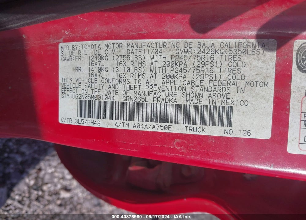 2005 TOYOTA TACOMA PRERUNNER V6 VIN: 3TMJU62N05M001044