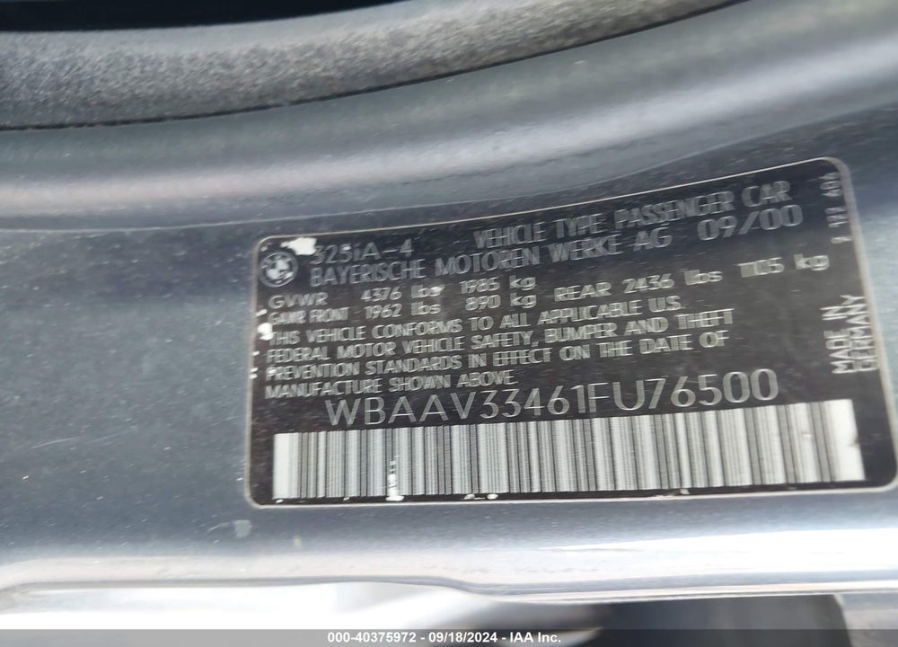 2001 BMW 3 SERIES 325I VIN: WBAAV33461FU76500