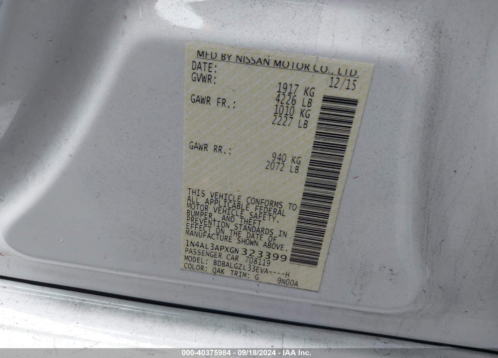2016 NISSAN ALTIMA 2.5 S VIN: 1N4AL3APXGN323399