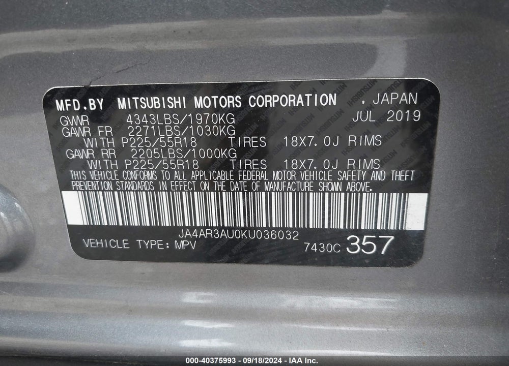 2019 MITSUBISHI OUTLANDER SPORT 2.0 ES VIN: JA4AR3AU0KU036032