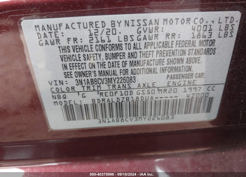 2021 NISSAN SENTRA SV XTRONIC CVT VIN: 3N1AB8CV3MY226083