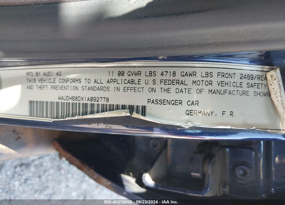 2001 AUDI A4 2.8 VIN: WAUDH68DX1A092778