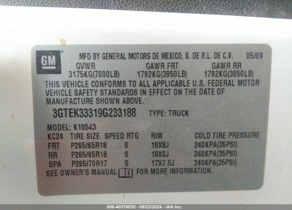 2009 GMC SIERRA VIN: 3GTEK33319G233188