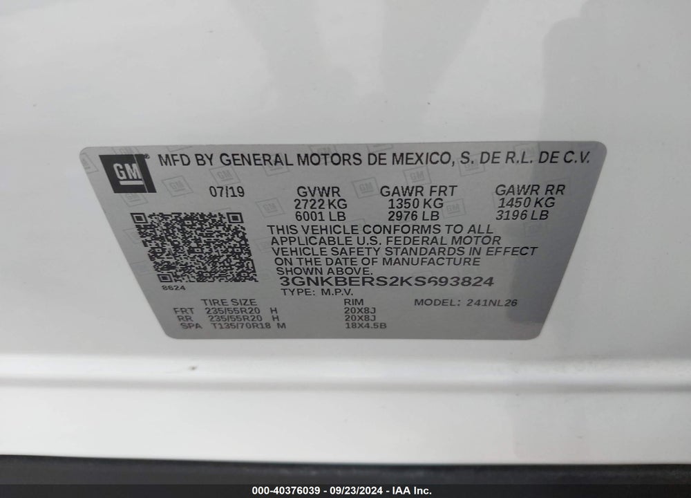 2019 CHEVROLET BLAZER RS VIN: 3GNKBERS2KS693824