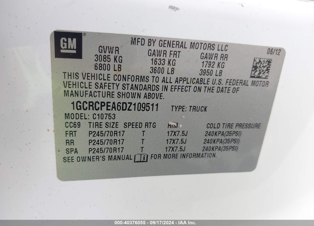2013 CHEVROLET SILVERADO 1500 WORK TRUCK VIN: 1GCRCPEA6DZ109511