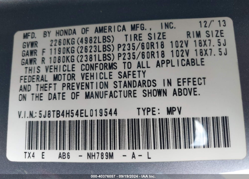 2014 ACURA RDX VIN: 5J8TB4H54EL019544