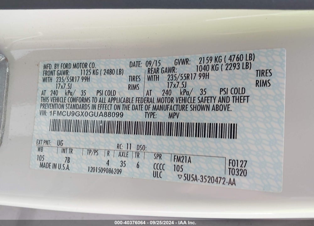 2016 FORD ESCAPE SE VIN: 1FMCU9GX0GUA88099