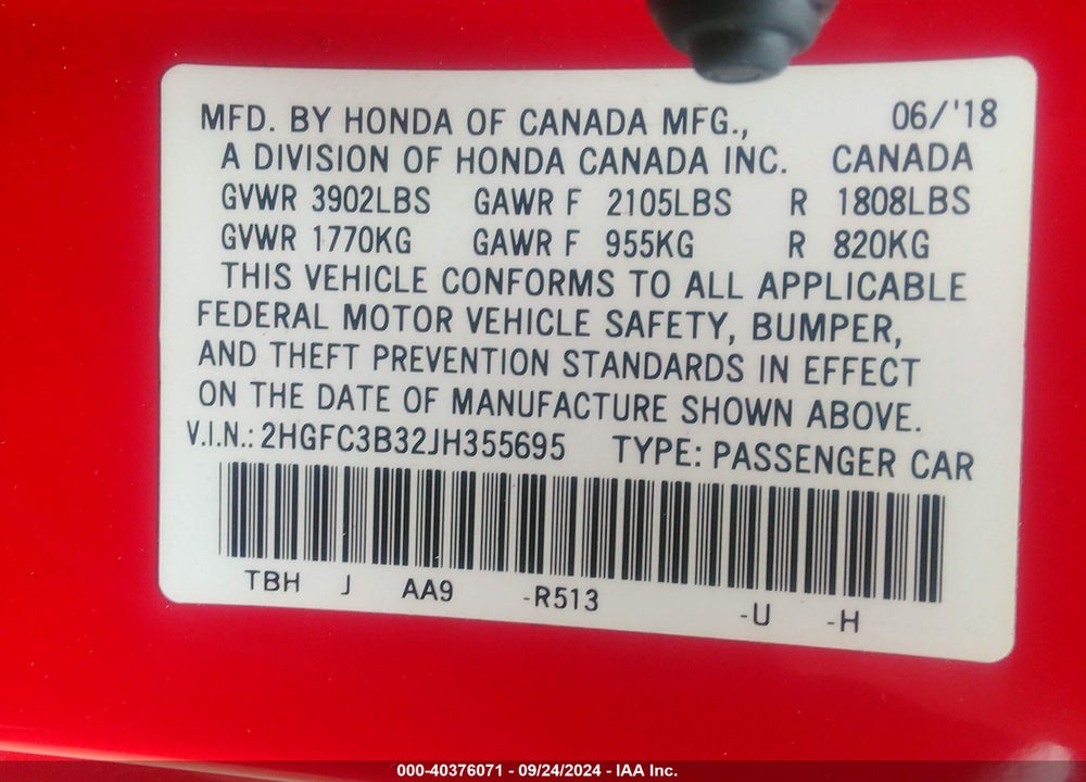 2018 HONDA CIVIC EX-T VIN: 2HGFC3B32JH355695