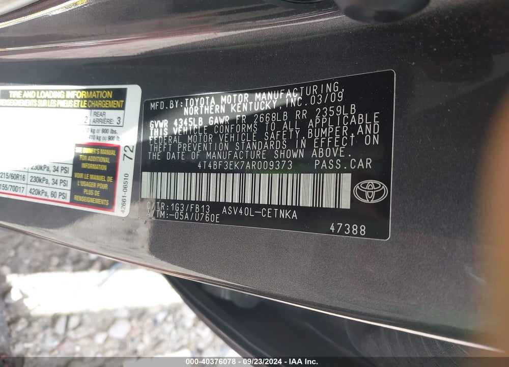 2010 TOYOTA CAMRY LE VIN: 4T4BF3EK7AR009373