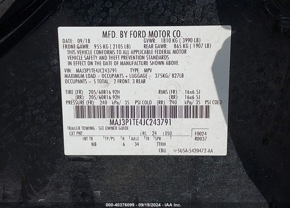 2018 FORD ECOSPORT SE VIN: MAJ3P1TE4JC243791