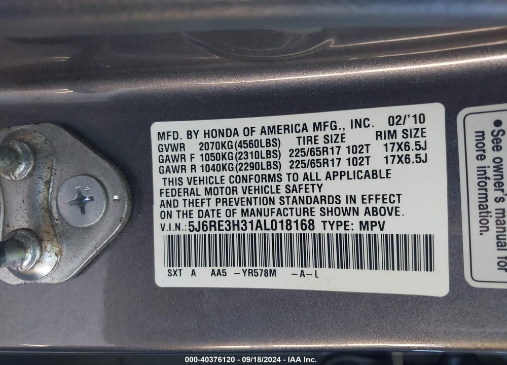 2010 HONDA CR-V LX VIN: 5J6RE3H31AL018168