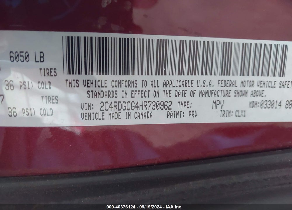 2017 DODGE GRAND CARAVAN SXT VIN: 2C4RDGCG4HR730962