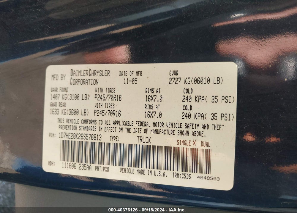 2006 DODGE DAKOTA ST VIN: 1D7HE28K26S576813