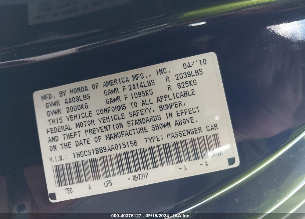2010 HONDA ACCORD 2.4 EX-L VIN: 1HGCS1B89AA015156