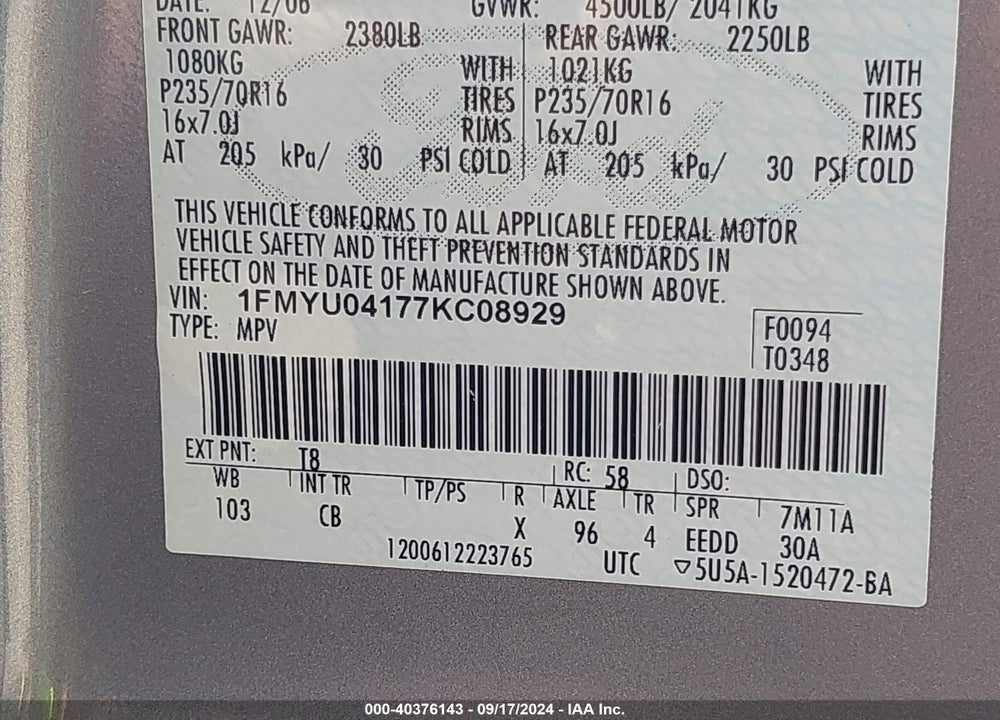 2007 FORD ESCAPE LIMITED VIN: 1FMYU04177KC08929