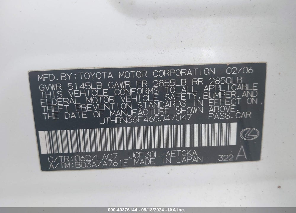 2006 LEXUS LS 430 VIN: JTHBN36F465047047