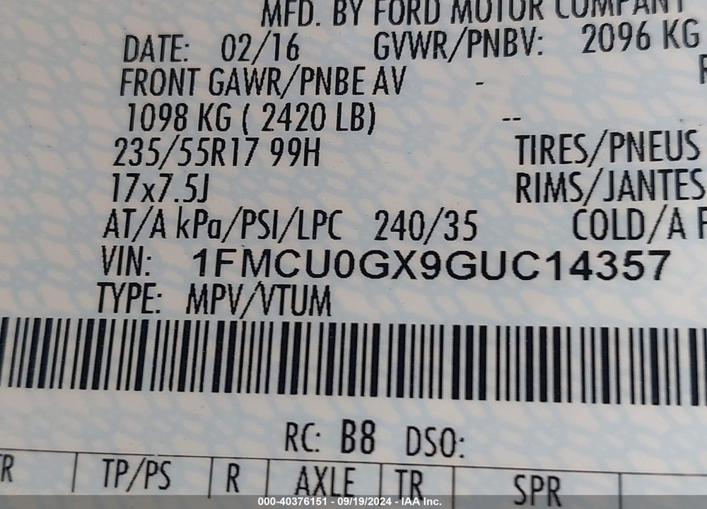 2016 FORD ESCAPE SE VIN: 1FMCU0GX9GUC14357