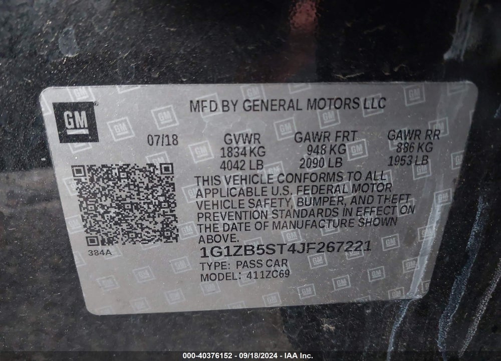 2018 CHEVROLET MALIBU 1LS VIN: 1G1ZB5ST4JF267221