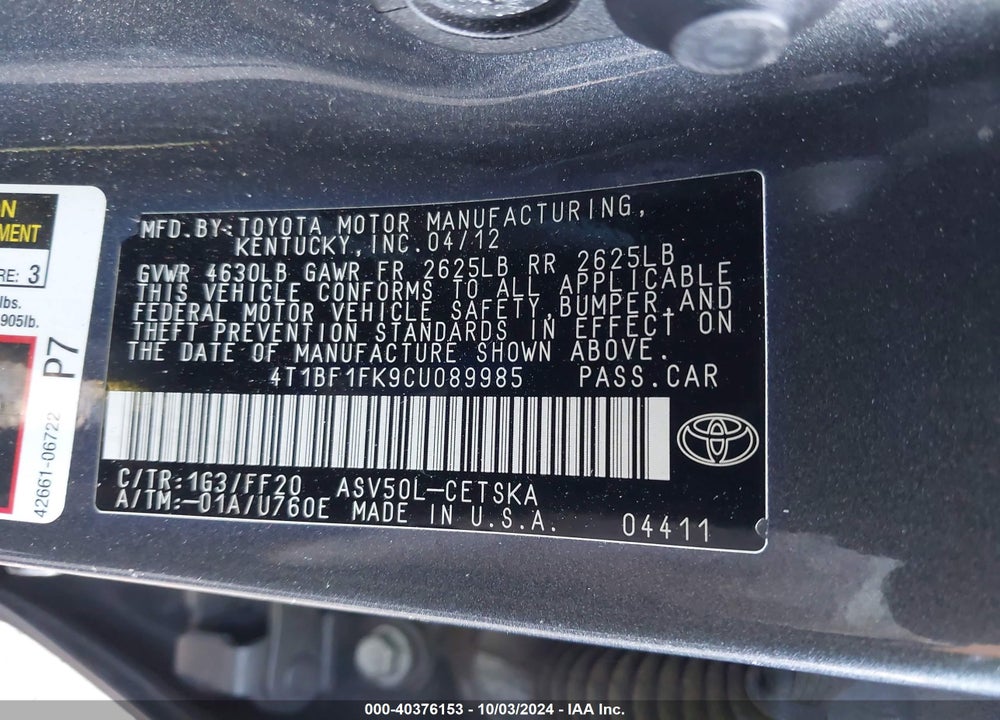 2012 TOYOTA CAMRY SE VIN: 4T1BF1FK9CU089985