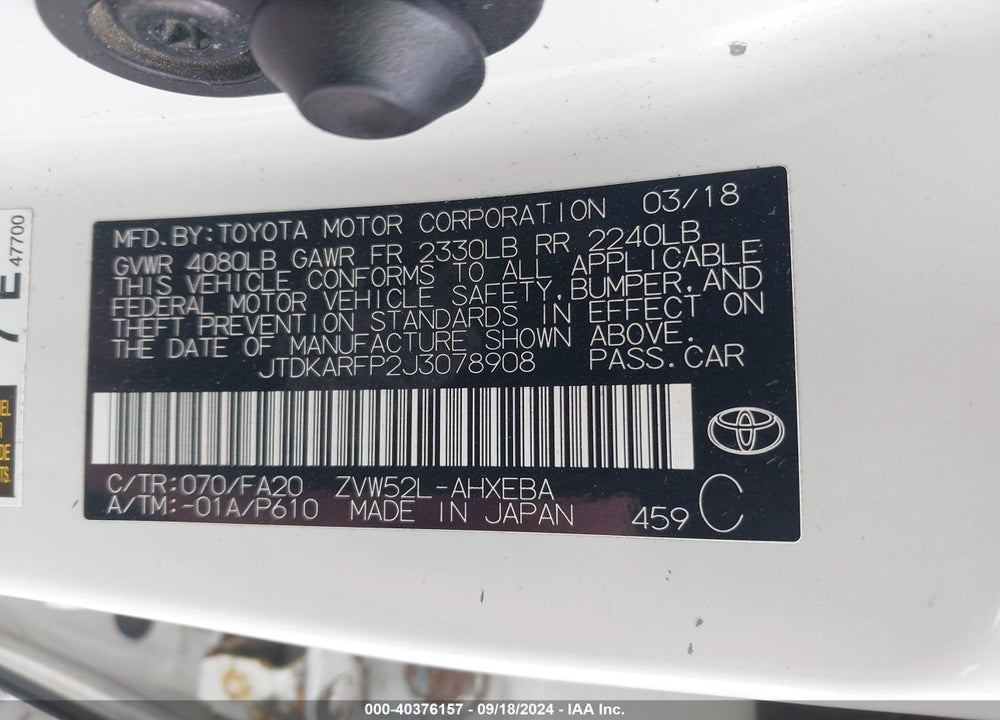 2018 TOYOTA PRIUS PRIME PLUS VIN: JTDKARFP2J3078908