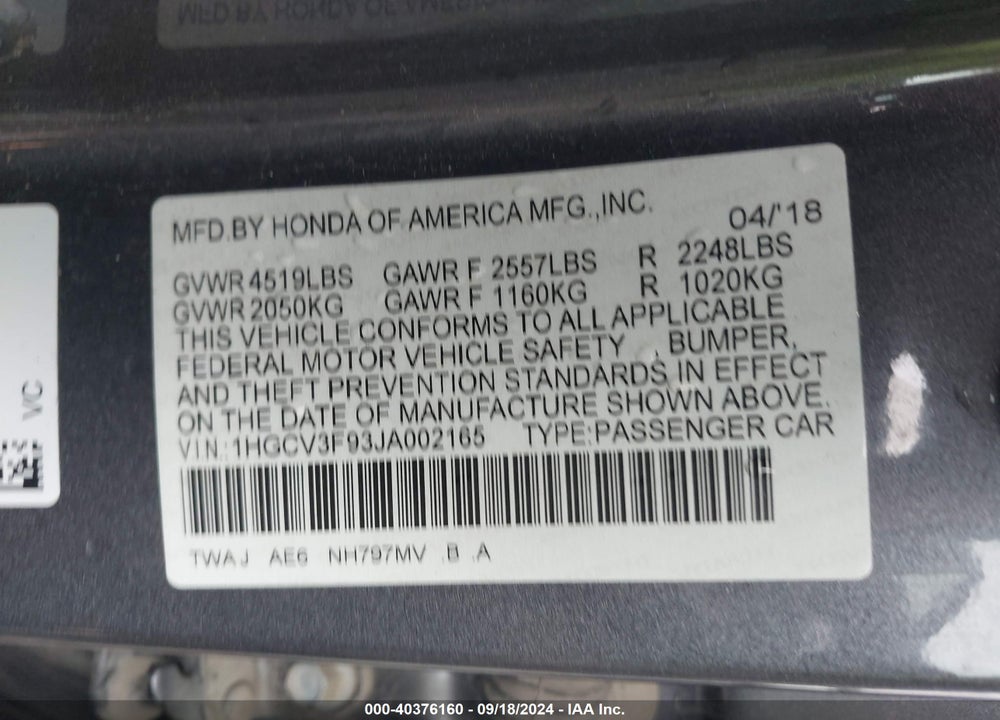 2018 HONDA ACCORD HYBRID TOURING VIN: 1HGCV3F93JA002165