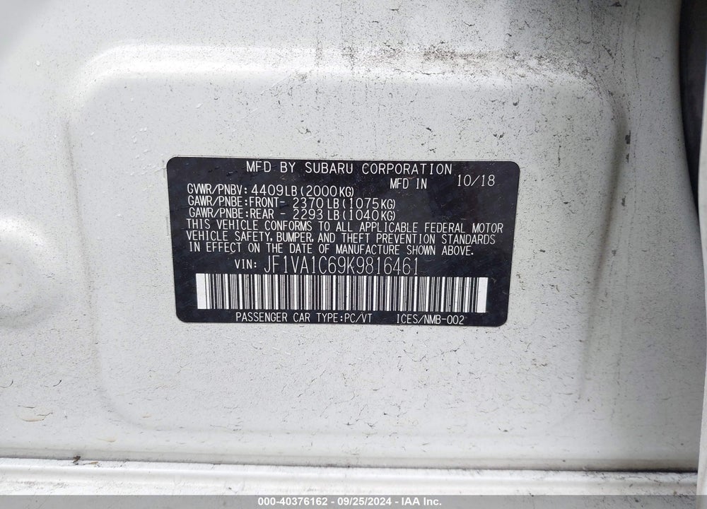 2019 SUBARU WRX PREMIUM VIN: JF1VA1C69K9816461