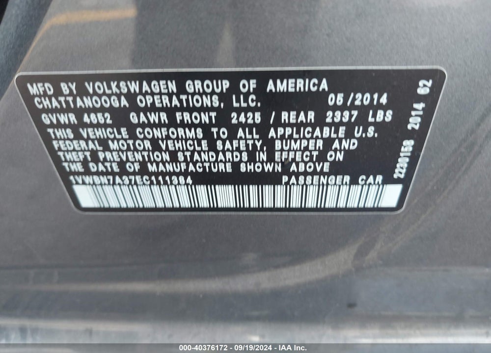 2014 VOLKSWAGEN PASSAT 2.0L TDI SE VIN: 1VWBN7A37EC111384