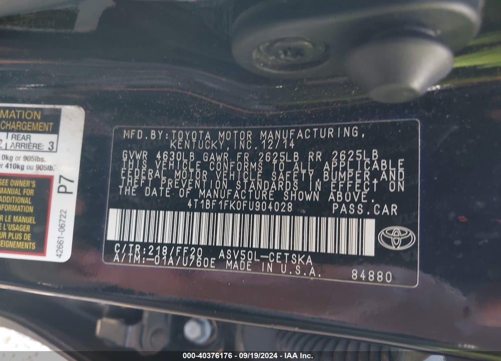 2015 TOYOTA CAMRY SE VIN: 4T1BF1FK0FU904028