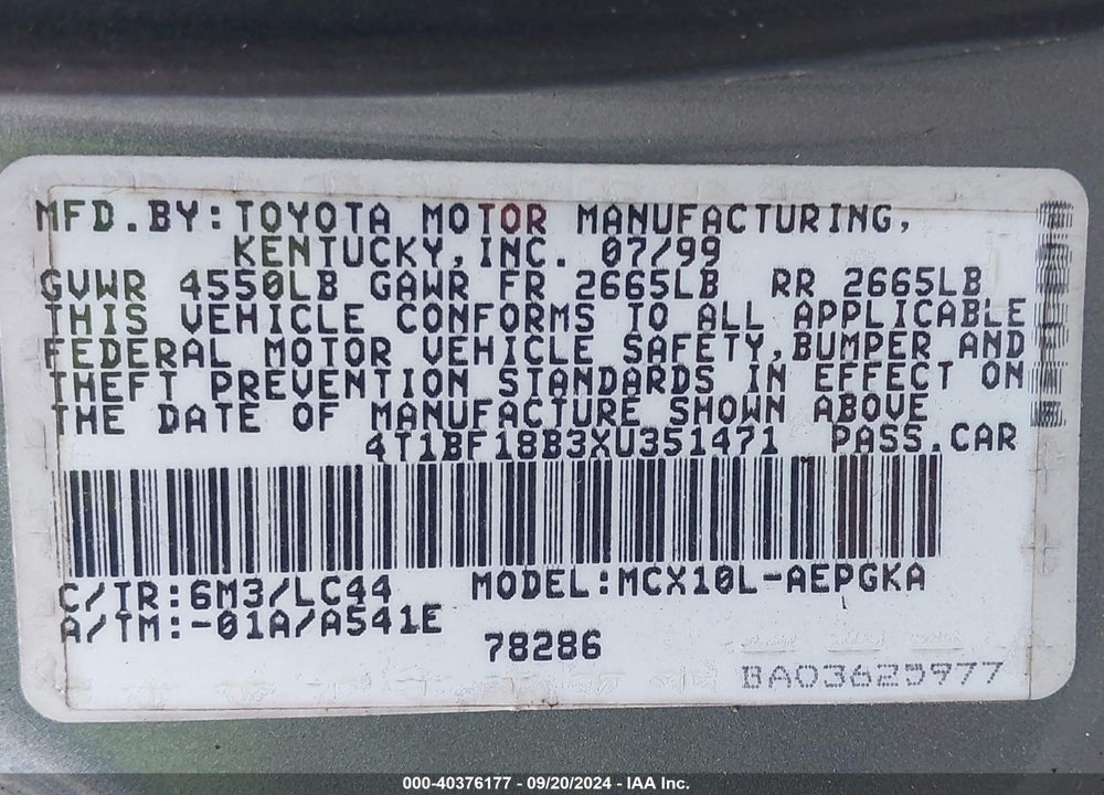 1999 TOYOTA AVALON VIN: 4T1BF18B3XU351471