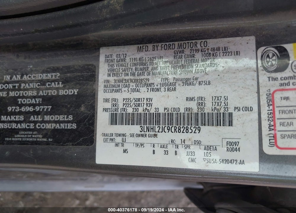2012 LINCOLN MKZ VIN: 3LNHL2JC9CR828529